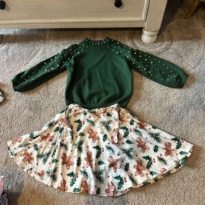 Green Sweater with Pearl detail and Festive Skirt Set